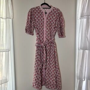 Victoria Dunn Kiawah Pink Block Print Cotton Midi Dress Puff Sleeve Belted  L
